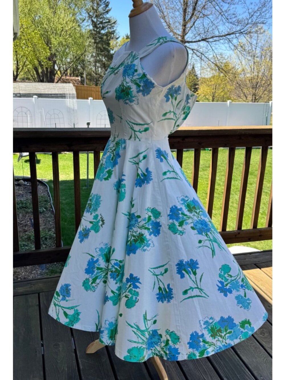 Womens Floral Sundress White & Blue Sleeveless Fit & Flare M (12) Vintage 50s - Picture 3 of 16